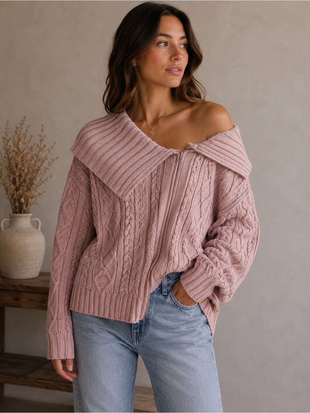 Hurley Off-the-Shoulder Pink Sweater Size M Cable Knit Oversized Chunky Cozy